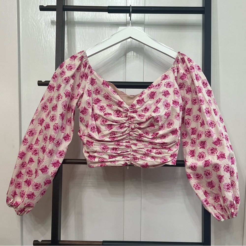 Zara floral off the shoulder long sleeve blouse.